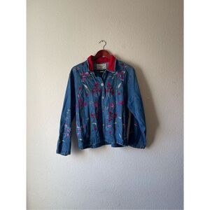 Vintage 90s embroidered floral denim shirt jacket size medium silk collar